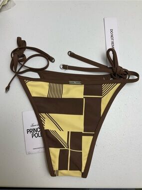 Princess Polly Beasley Tie-Side Bikini Bottoms Brown with Yellow Geometric